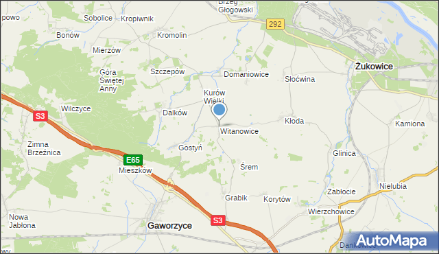 mapa Witanowice, Witanowice gmina Gaworzyce na mapie Targeo