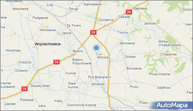 mapa Wlonice, Wlonice gmina Wojciechowice na mapie Targeo