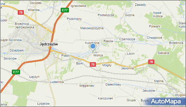 mapa Wolica, Wolica gmina Jędrzejów na mapie Targeo