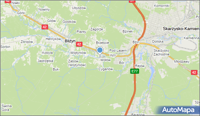 mapa Wołów, Wołów gmina Bliżyn na mapie Targeo