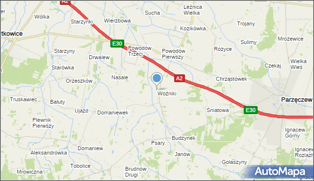 mapa Woźniki, Woźniki gmina Dalików na mapie Targeo