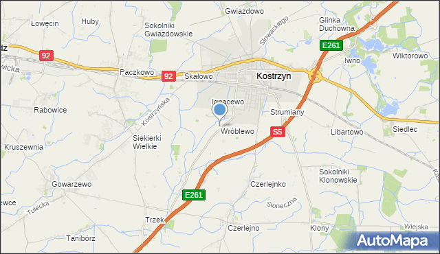 mapa Wróblewo, Wróblewo gmina Kostrzyn na mapie Targeo