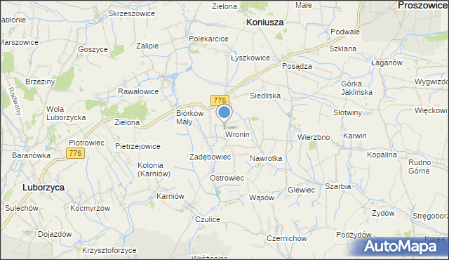mapa Wronin, Wronin gmina Koniusza na mapie Targeo