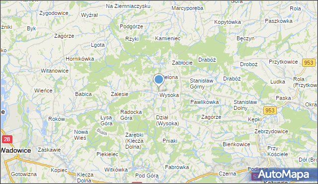 mapa Wysoka, Wysoka gmina Wadowice na mapie Targeo