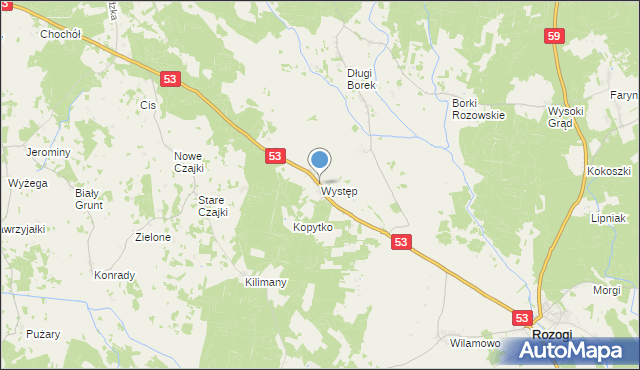 mapa Występ, Występ gmina Rozogi na mapie Targeo