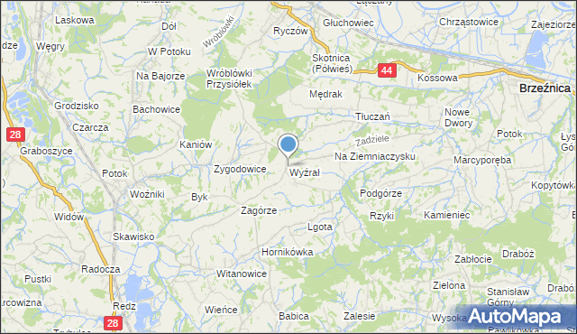 mapa Wyźrał, Wyźrał gmina Brzeźnica na mapie Targeo