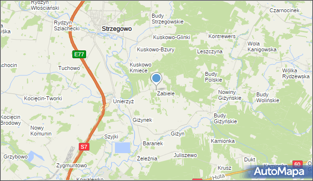 mapa Zabiele, Zabiele gmina Strzegowo na mapie Targeo