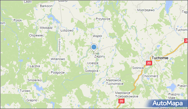 mapa Zagony, Zagony gmina Tuchomie na mapie Targeo