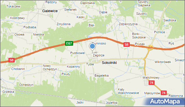 mapa Zagórze, Zagórze gmina Sokolniki na mapie Targeo
