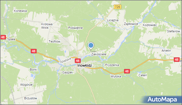 mapa Zakościele, Zakościele gmina Inowłódz na mapie Targeo