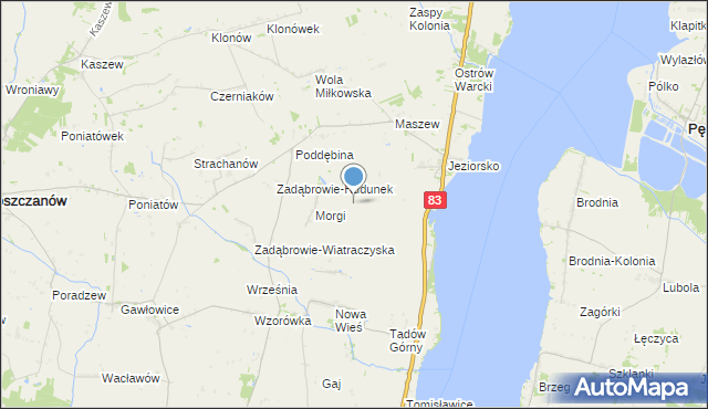 mapa Zakrzew, Zakrzew gmina Warta na mapie Targeo