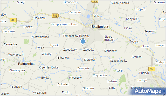 mapa Zakrzów, Zakrzów gmina Skalbmierz na mapie Targeo