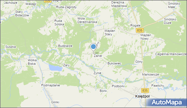 mapa Zanie, Zanie gmina Księżpol na mapie Targeo