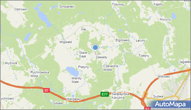 mapa Zawady, Zawady gmina Olsztynek na mapie Targeo