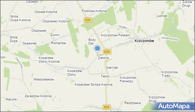 mapa Zielona, Zielona gmina Krzczonów na mapie Targeo