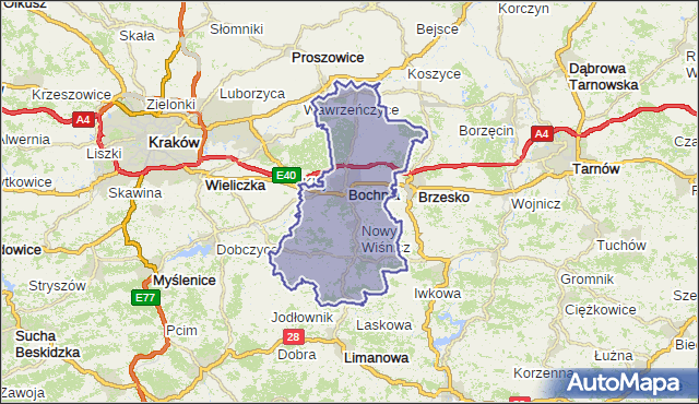 powiat bocheński - województwo małopolskie na mapie Targeo