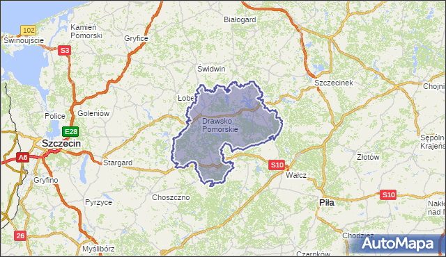 powiat drawski - województwo zachodniopomorskie na mapie Targeo