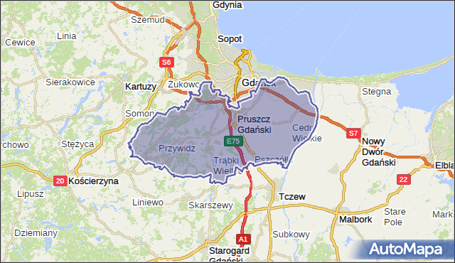 powiat gdański - województwo pomorskie na mapie Targeo