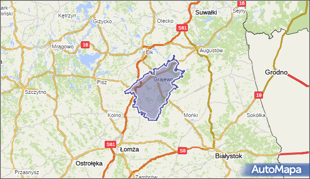 powiat grajewski - województwo podlaskie na mapie Targeo