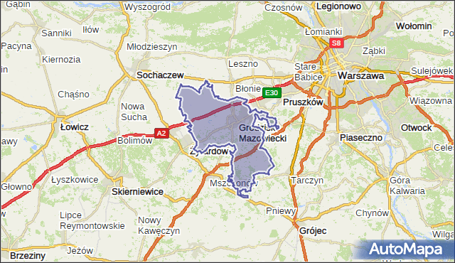 powiat grodziski - województwo mazowieckie na mapie Targeo