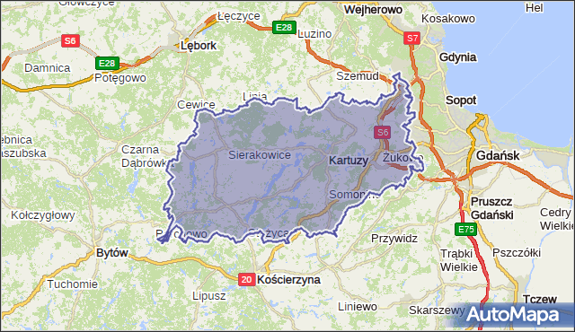 powiat kartuski - województwo pomorskie na mapie Targeo