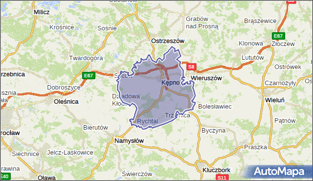 powiat kępiński - województwo wielkopolskie na mapie Targeo