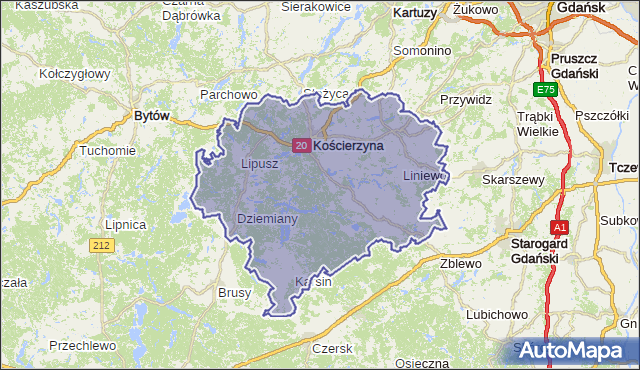 powiat kościerski - województwo pomorskie na mapie Targeo