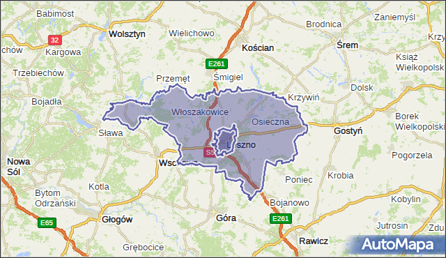 powiat leszczyński - województwo wielkopolskie na mapie Targeo