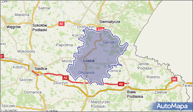 powiat łosicki - województwo mazowieckie na mapie Targeo
