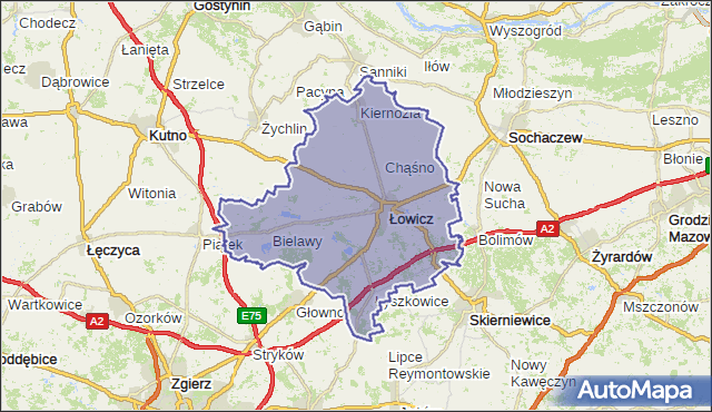 powiat łowicki - województwo łódzkie na mapie Targeo