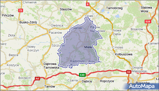 powiat mielecki - województwo podkarpackie na mapie Targeo