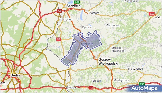 powiat myśliborski - województwo zachodniopomorskie na mapie Targeo