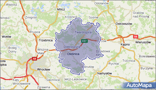 powiat oleśnicki - województwo dolnośląskie na mapie Targeo