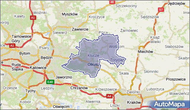 powiat olkuski - województwo małopolskie na mapie Targeo