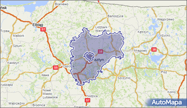 powiat olsztyński - województwo warmińsko-mazurskie na mapie Targeo