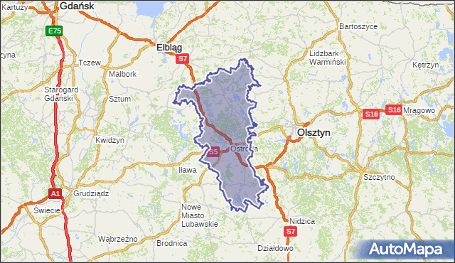 powiat ostródzki - województwo warmińsko-mazurskie na mapie Targeo