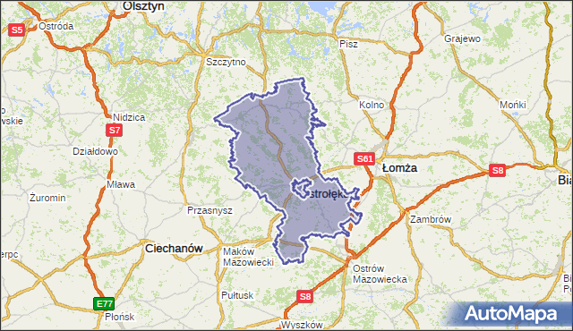 powiat ostrołęcki - województwo mazowieckie na mapie Targeo