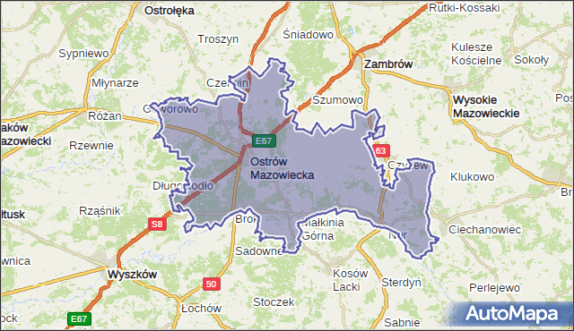 powiat ostrowski - województwo mazowieckie na mapie Targeo