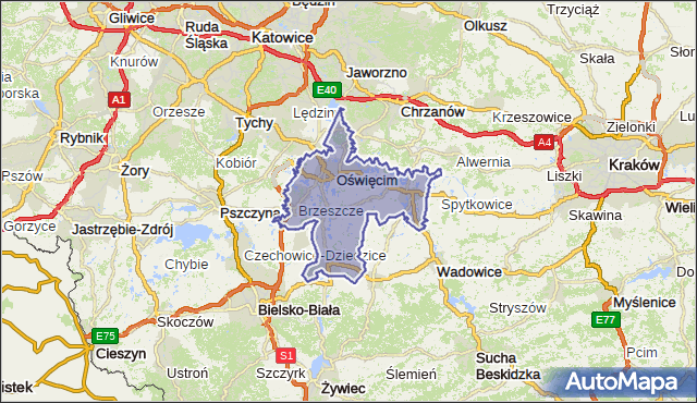 powiat oświęcimski - województwo małopolskie na mapie Targeo