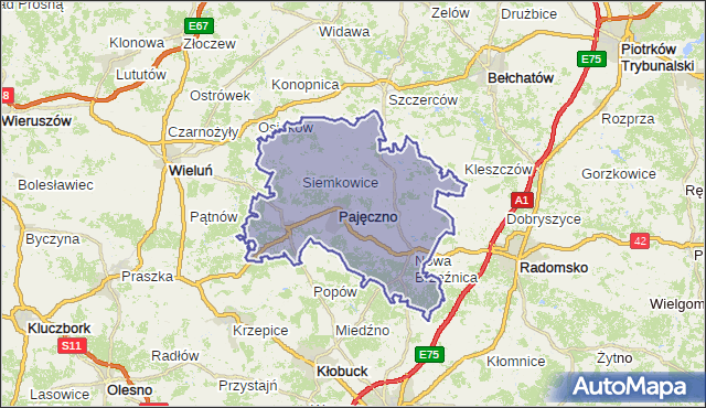 powiat pajęczański - województwo łódzkie na mapie Targeo
