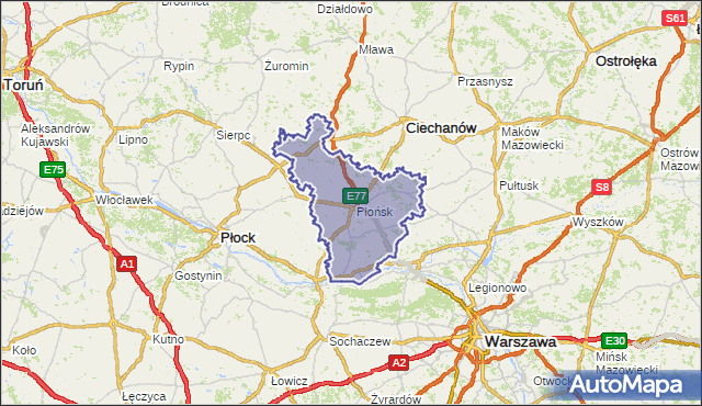 powiat płoński - województwo mazowieckie na mapie Targeo