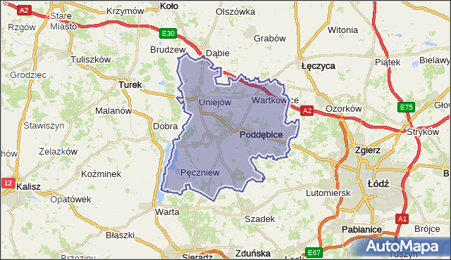 powiat poddębicki - województwo łódzkie na mapie Targeo
