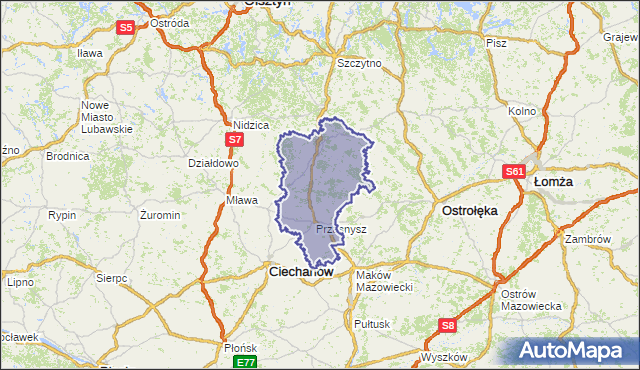 powiat przasnyski - województwo mazowieckie na mapie Targeo