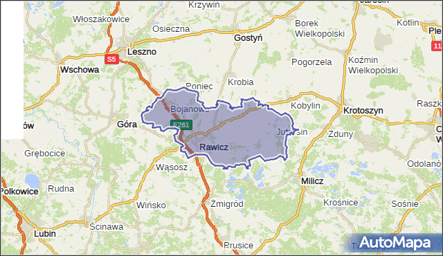 powiat rawicki - województwo wielkopolskie na mapie Targeo
