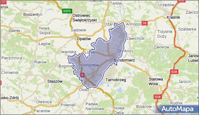 powiat sandomierski - województwo świętokrzyskie na mapie Targeo