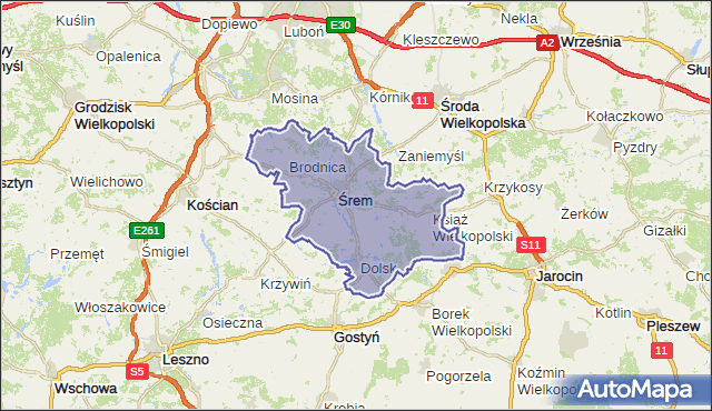 powiat śremski - województwo wielkopolskie na mapie Targeo