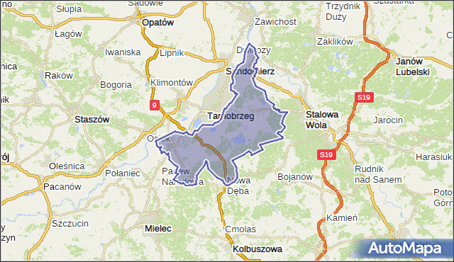 powiat tarnobrzeski - województwo podkarpackie na mapie Targeo