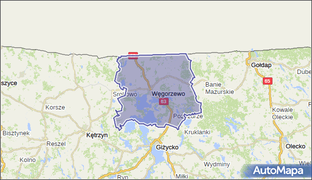 powiat węgorzewski - województwo warmińsko-mazurskie na mapie Targeo