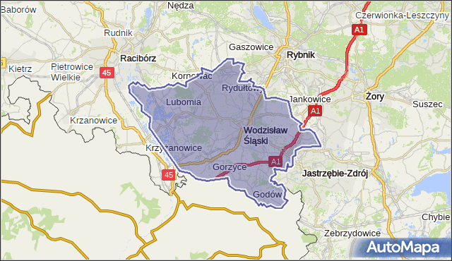powiat wodzisławski - województwo śląskie na mapie Targeo