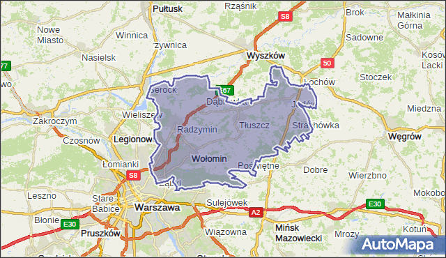 powiat wołomiński - województwo mazowieckie na mapie Targeo